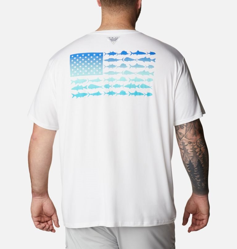 Men\'s Columbia PFG Fish Flag Tech Short Sleeve T Shirts White | Plus Size CA-M6C1L